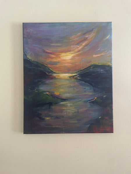 Original waterview mountain sunset acrylic painting
