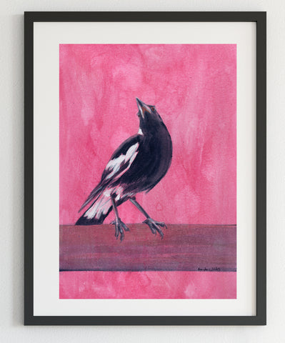 Original Magpie on pink painting artwork A4
