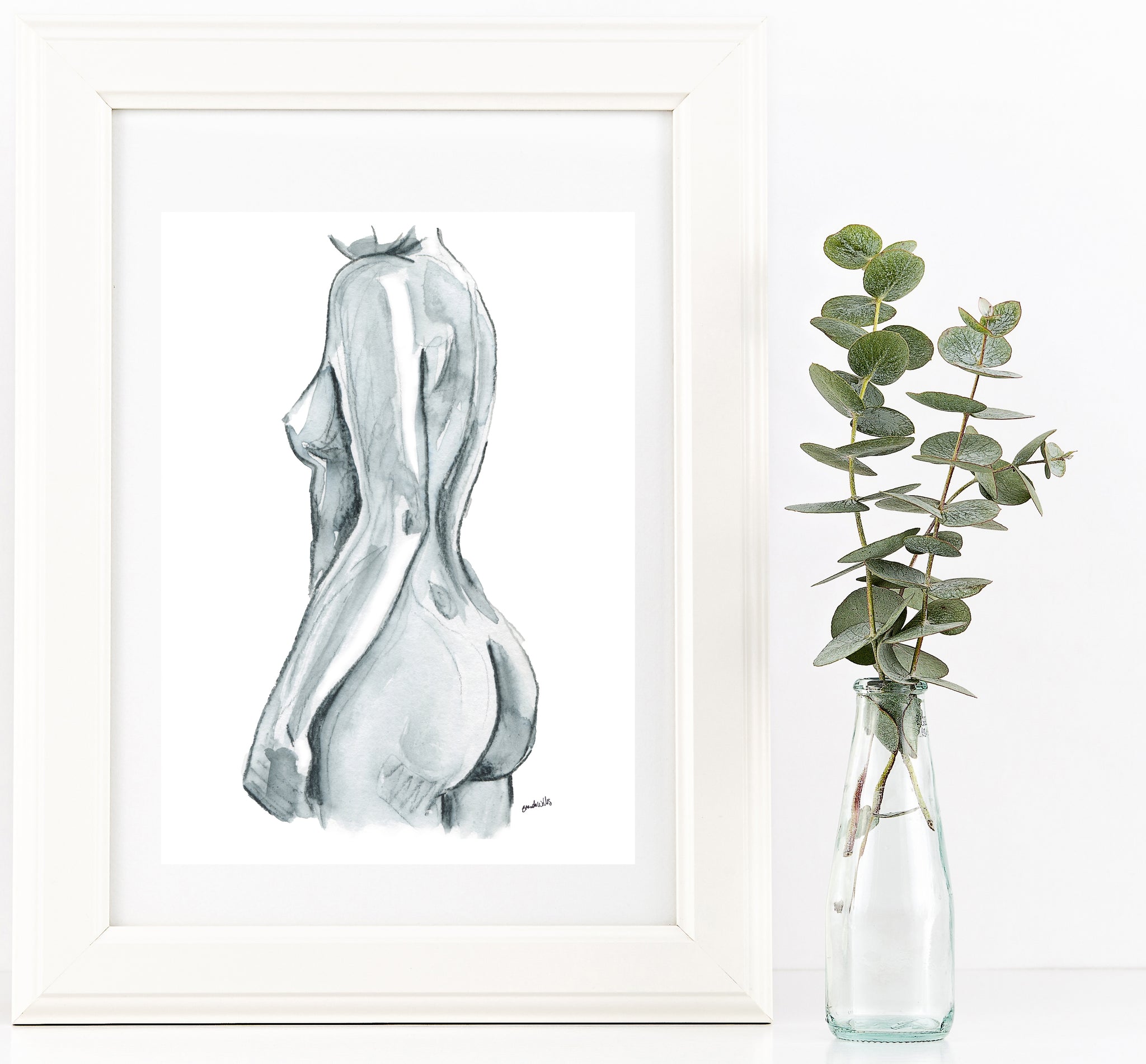 Black and white nude female side figure watercolour print.
