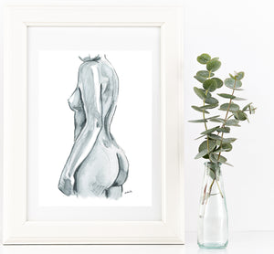 Black and white nude female side figure watercolour print.