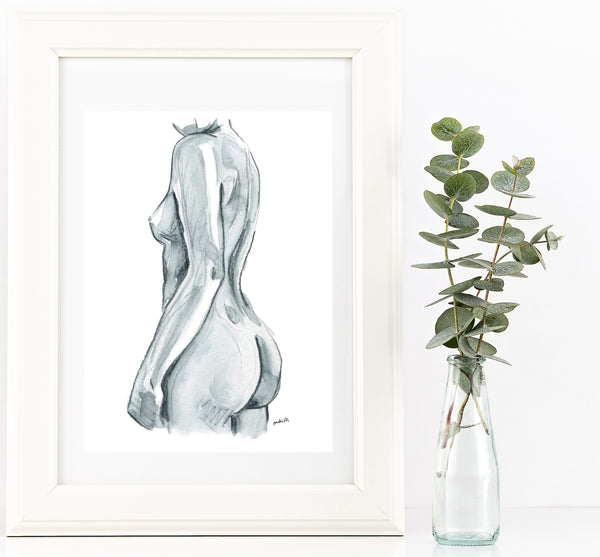 Black and white nude female side figure watercolour print.