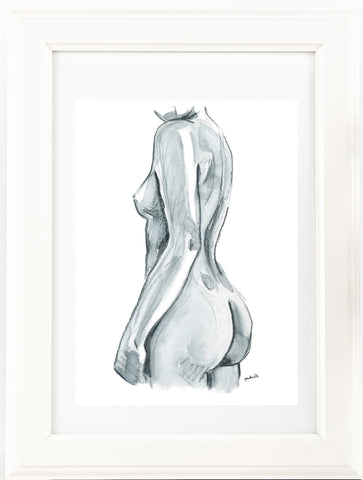 Black and white nude female side figure watercolour print.