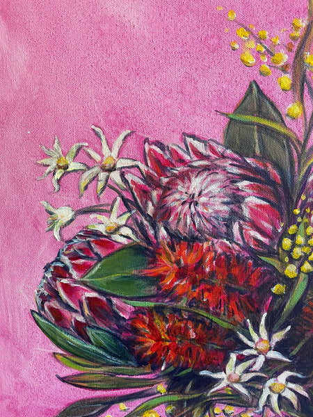Australian native bouquet acrylic framed canvas painting. 42cm x 52cm