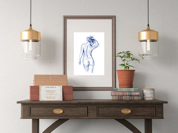 Blue and white female figure watercolour print.