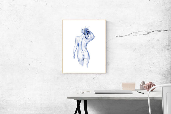 Blue and white female figure watercolour print.