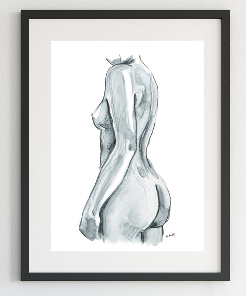 Black and white nude female side figure watercolour print.