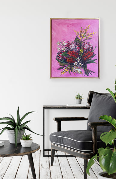 Australian native bouquet acrylic framed canvas painting. 42cm x 52cm