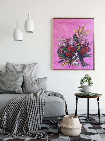 Australian native bouquet acrylic framed canvas painting. 42cm x 52cm