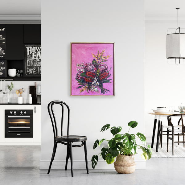 Australian native bouquet acrylic framed canvas painting. 42cm x 52cm