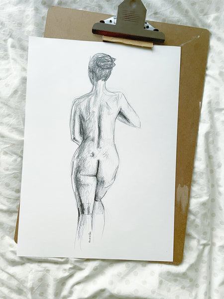 Original nude female figure painting. Tasteful A3 life figure acrylic & pencil sketch. Gift for her, tasteful boudoir bedroom or bathroom art