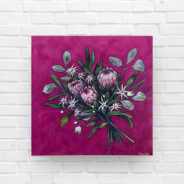'Intrepid Daring' Australian native bouquet canvas painting. 52cm x 52cm
