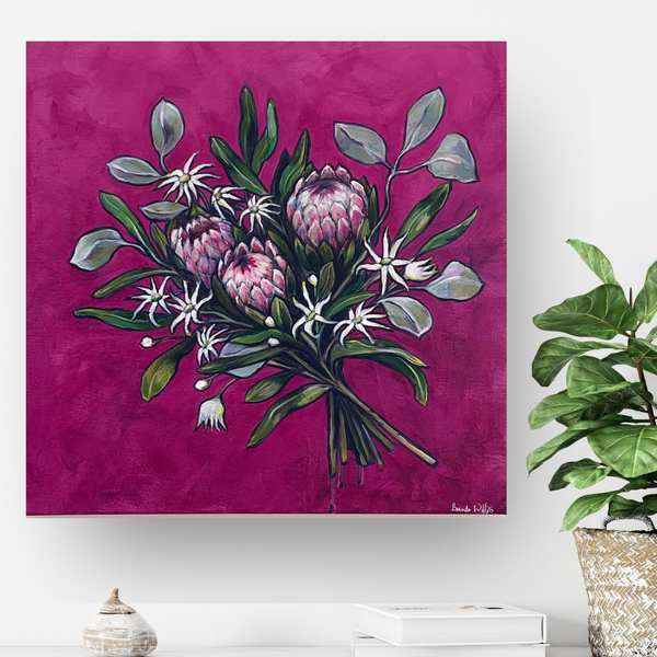 'Intrepid Daring' Australian native bouquet canvas painting. 52cm x 52cm