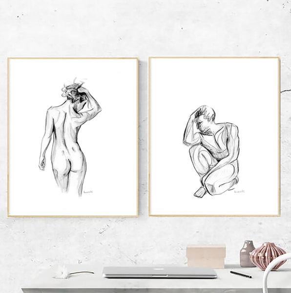 Nude male and female watercolor art print set. Black and white tasteful man and woman pencil sketch. Unique gift, boudoir, bedroom, bathroom decor
