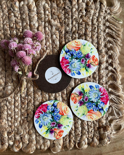 Bright watercolour bouquet coasters set. Flower coaster bundle.