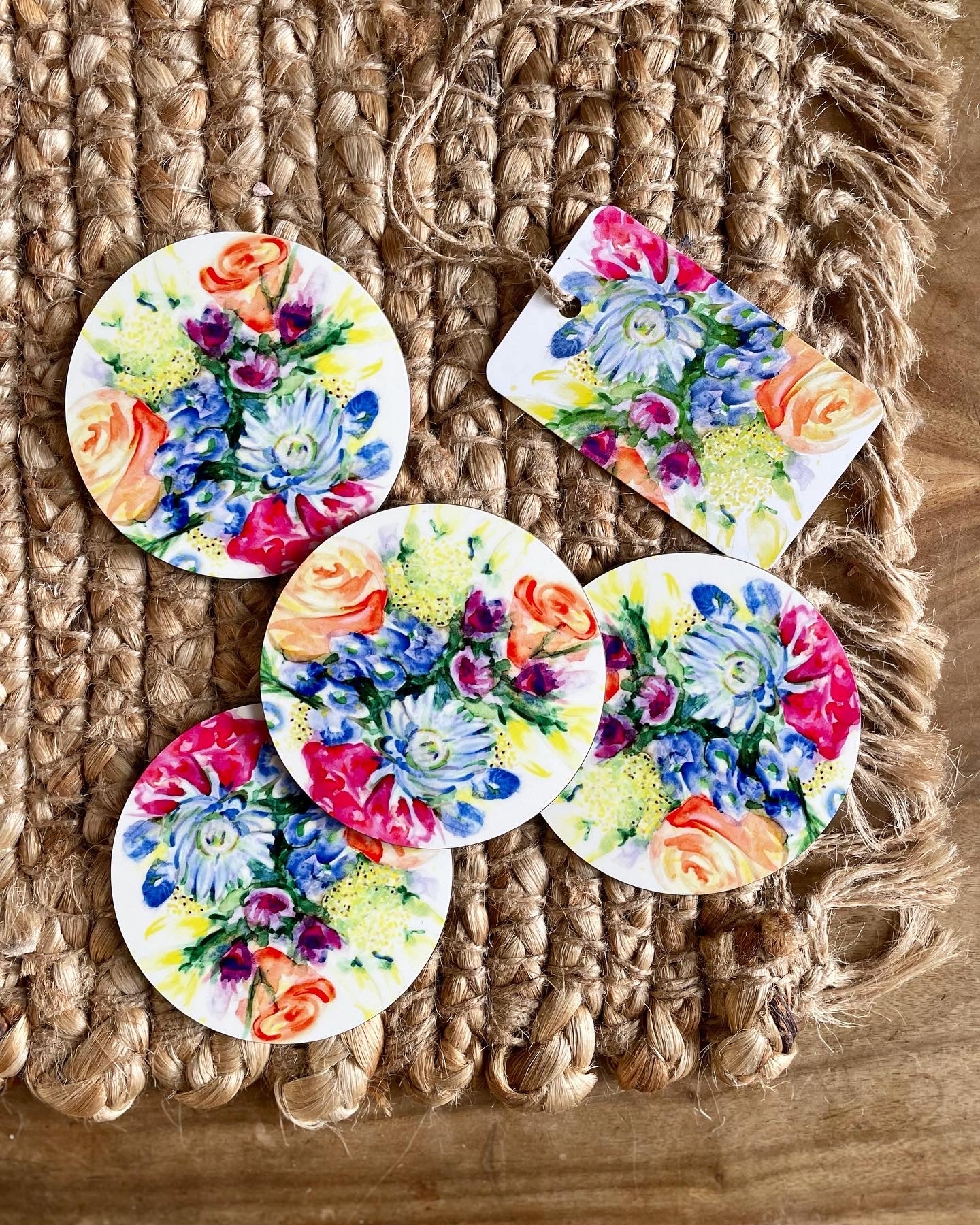 Bright watercolour bouquet coasters set. Flower coaster bundle.