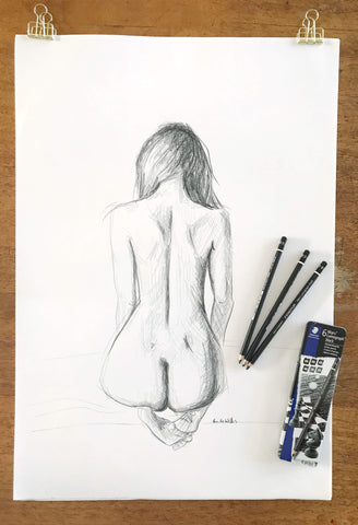 Large original hand drawn female nude sketch. A2 life figure graphite drawing.
