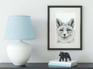 Black and white Fox with glasses monochrome print
