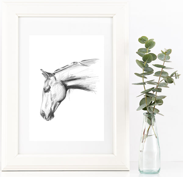 Hand drawn Horse portrait drawing print. Black and White pencil sketch horse lover art.