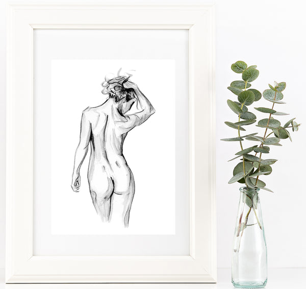 Black and white nude female figure watercolour print.