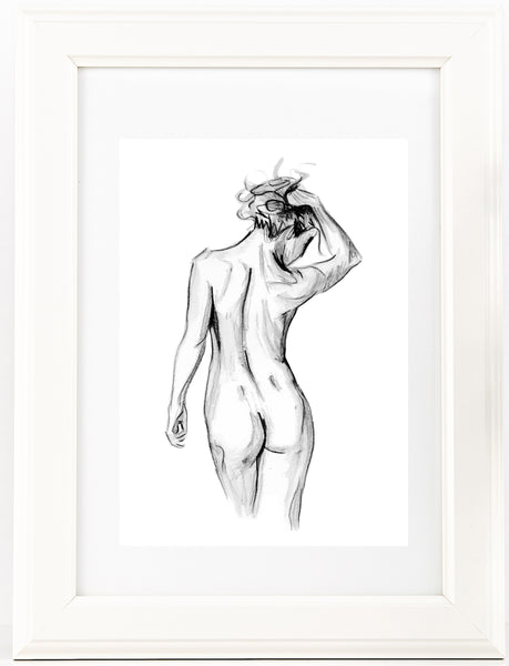 Black and white nude female figure watercolour print.