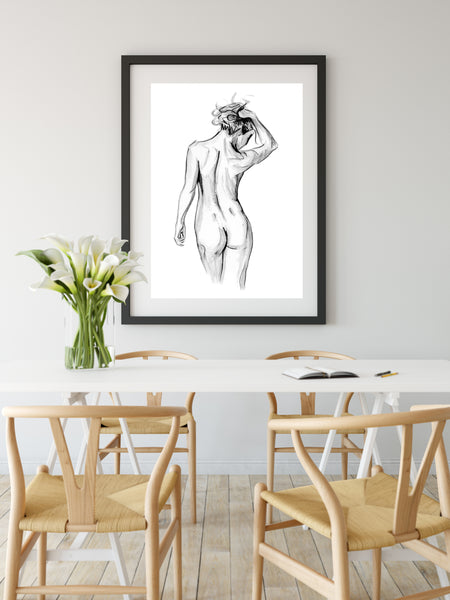 Black and white nude female figure watercolour print.