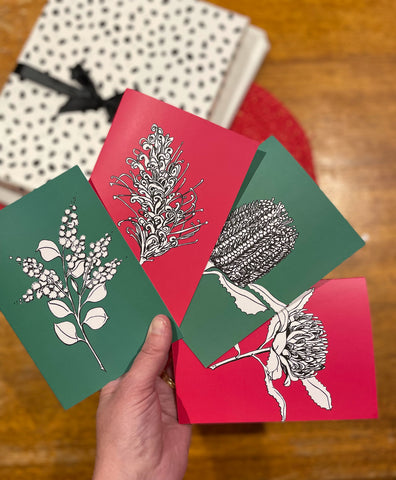 Australian native flower 4 card set. Acacia, Grevillea, Warratah and Banksia pen art.