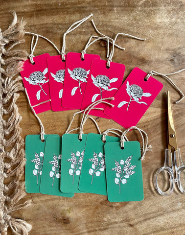 Australian native flower 10 gift tag set. Bold Acacia & Waratah pen art. Red and Green Gift tag