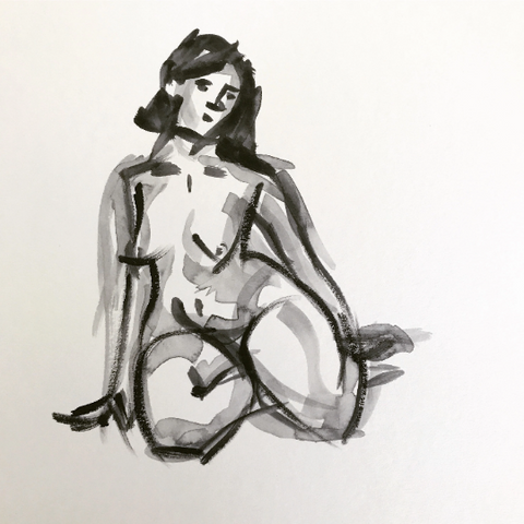 Original curvy female figure painting sketch. Black brush sketch painting