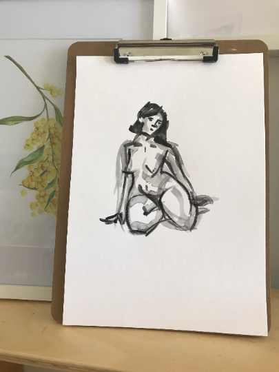 Original curvy female figure painting sketch. Black brush sketch painting