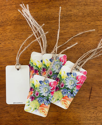 Watercolour flower 10 gift tag set. Colourful bunch of flowers for a loved one.