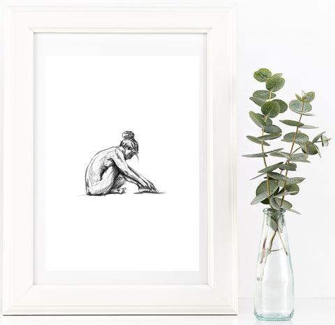 Hand drawn nude female figure drawing print. Black and White sketch art. Unique Gift for her, tasteful boudoir, scandi, country style decor