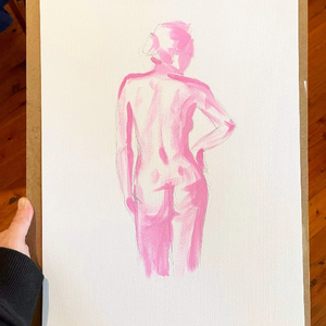 Original pink nude female figure painting. A3 life figure acrylic & pencil sketch. Gift for her, tasteful boudoir bedroom or bathroom art