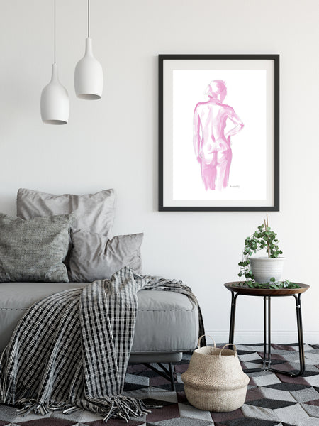 Original pink nude female figure painting. A3 life figure acrylic & pencil sketch. Gift for her, tasteful boudoir bedroom or bathroom art