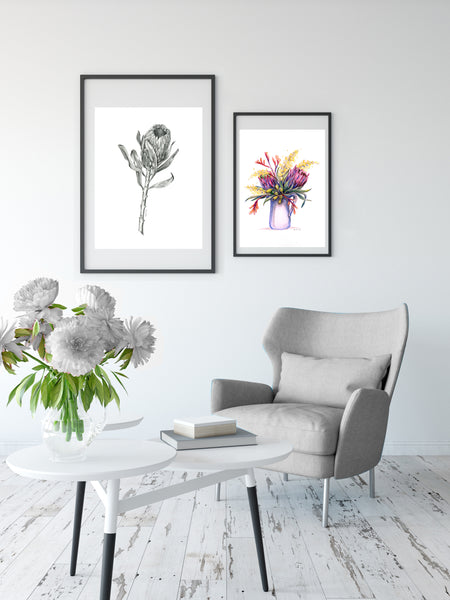 Graphite Protea drawing print