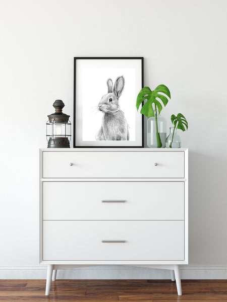 Black and white rabbit drawing print