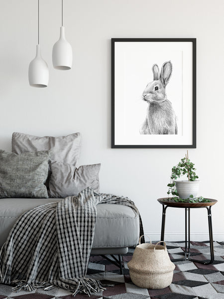 Black and white rabbit drawing print