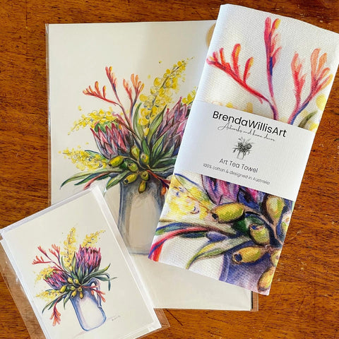 Australian flower art tea towel & card set. Watercolour native flora artwork on 100% cotton with matching card