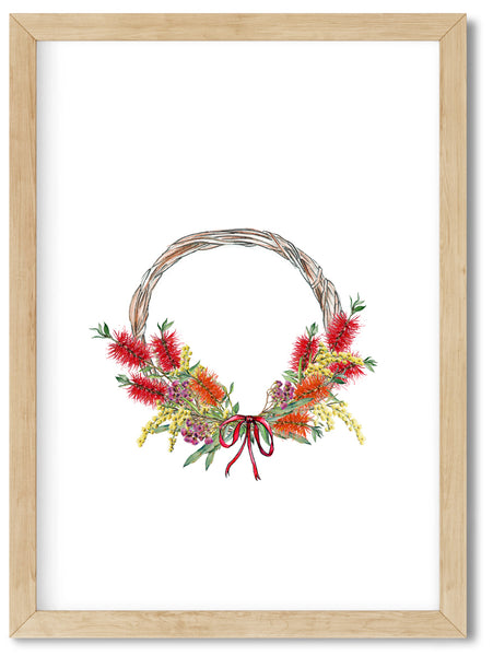 Australian native flowers wreath print. Floral Christmas watercolour pencil art