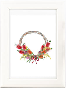 Australian native flowers wreath print. Floral Christmas watercolour pencil art