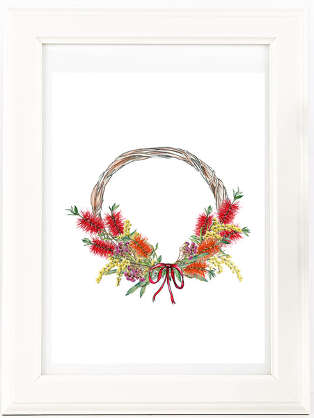 Australian native flowers wreath print. Floral Christmas watercolour pencil art