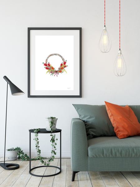 Australian native flowers wreath print. Floral Christmas watercolour pencil art