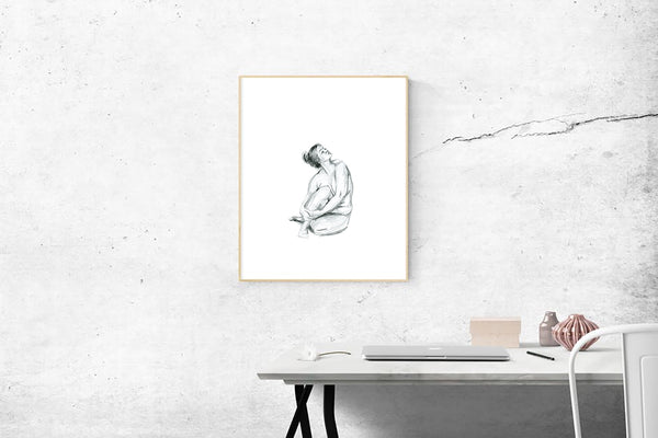 Hand drawn curvy nude female figure drawing print. Tasteful Black and White sketch. Unique Gift for her, boudoir, or country style