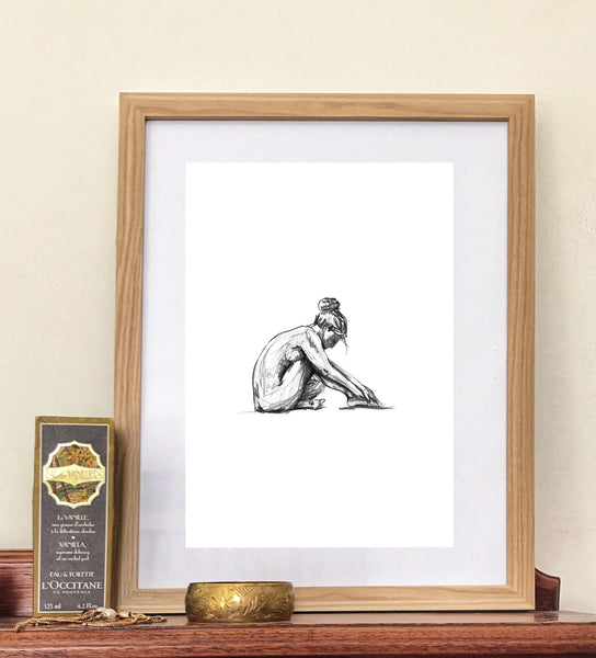 Hand drawn nude female figure drawing print. Black and White sketch art. Unique Gift for her, tasteful boudoir, scandi, country style decor
