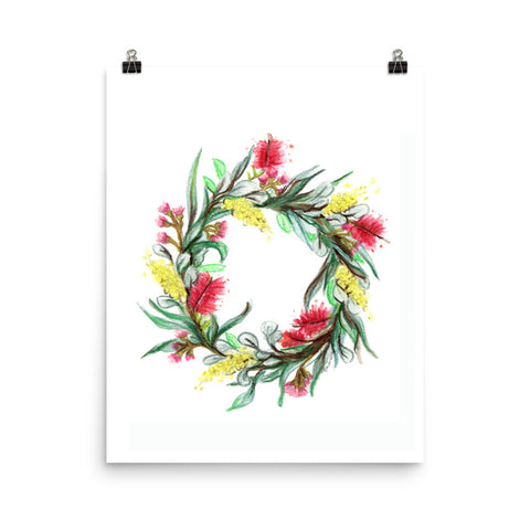 Australian Floral Wreath watercolour art print. Native flowers Gum blossoms, Wattle and Bottlebrush.