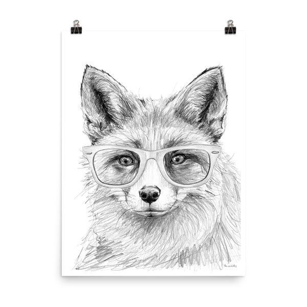Black and white Fox with glasses monochrome print