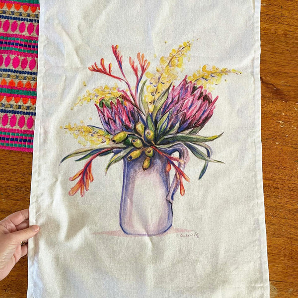 Australian flower art tea towel & card set. 100% cotton