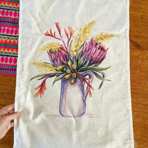 Australian flower jug art tea towel. Watercolour native flora image