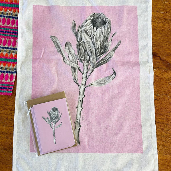 Pink Ice Protea art tea towel. Flower graphite drawing artwork on 100% cotton by local artist.