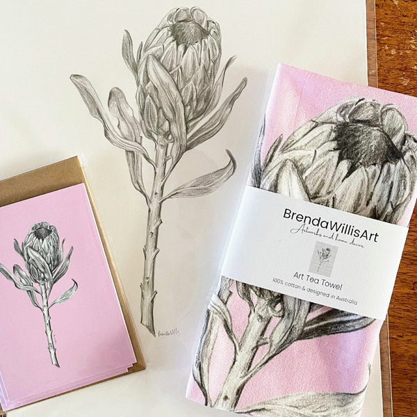 Pink Ice Protea art tea towel. Flower graphite drawing artwork on 100% cotton by local artist.