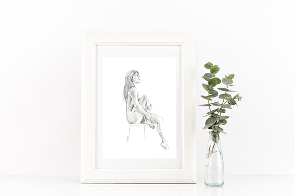 Original female nude figure pencil sketch. Black and white graphite artwork